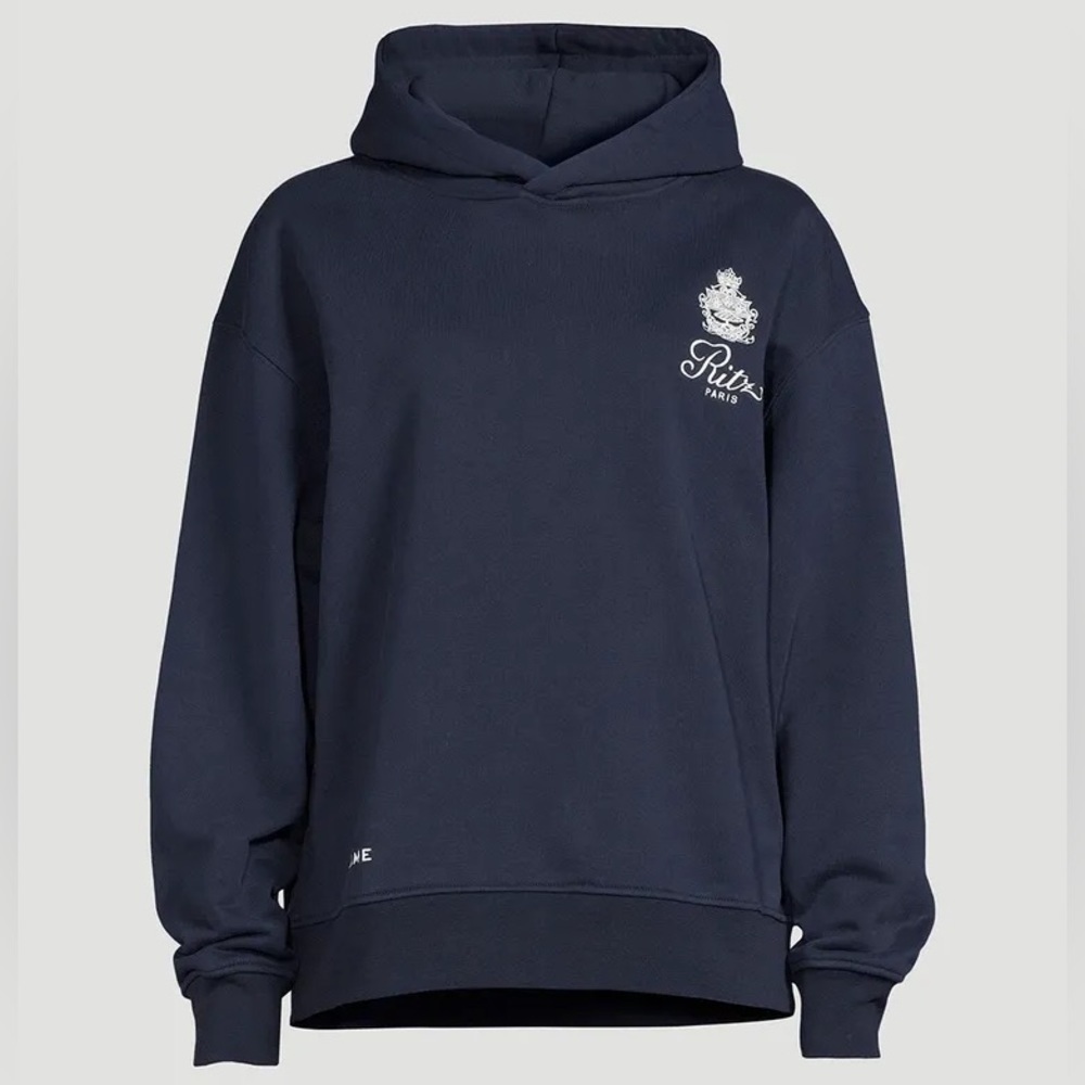 Frame x Ritz Paris Denim Navy Blue Hooded Sweatshirt with White Crest